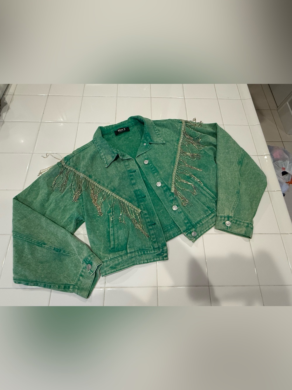 Green Cropped Denim Jacket with Silver Fringe